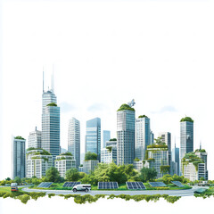 Fototapeta premium Illustration of a Sustainable Cityscape with Green Rooftops, Solar Panels, and Eco-Friendly Transportation