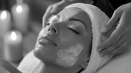 Black and white image of woman receiving facial treatment with glowing candles in the background relaxing spa day