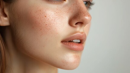 Obraz premium close up of woman face showcasing glowing skin, freckles, and natural beauty. soft lighting highlights her features, creating inviting and fresh appearance