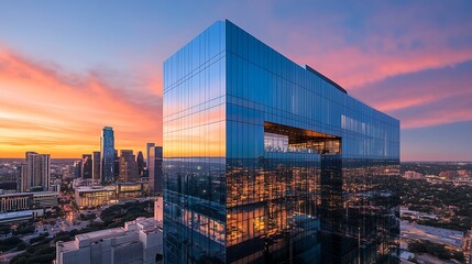 A modern glass building with a geometric design, set against a vibrant, colorful sky during sunset. The building is adorned with an artistic mural and has a sleek, contemporary appearance.