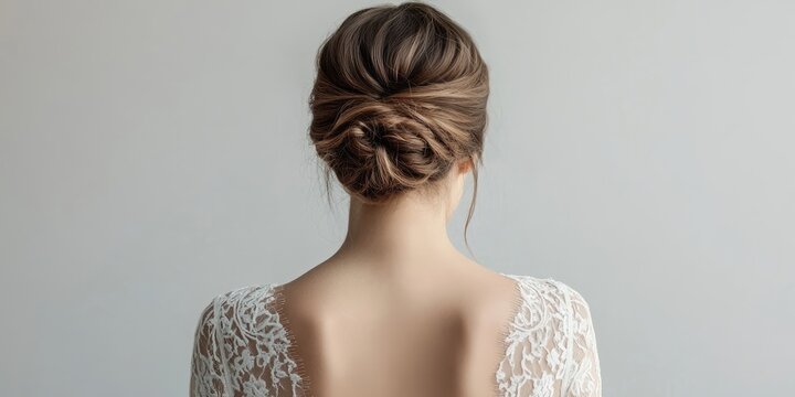 Elegant wedding lace dress with open back displayed in a white studio, showcasing a faceless woman with a sophisticated updo hairstyle.