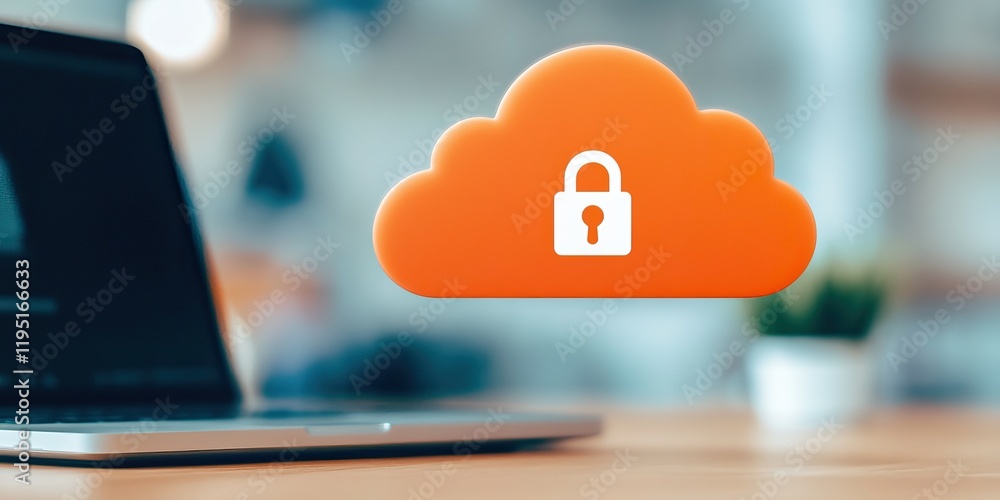 Poster a cloud icon with a lock signifies secure online storage, positioned above a laptop, representing di