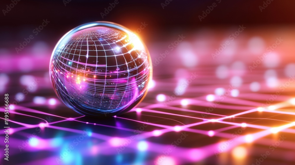 Canvas Prints futuristic digital sphere on vibrant neon grid background with glowing effects and light reflections