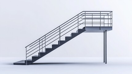A modern minimalist 3D staircase with sleek metal railings on a transparent background 
