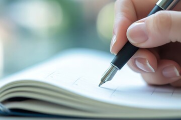 Hand with pen writing on calendar page closeup, Generative AI