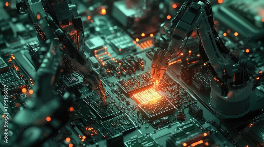 Poster robotic arms working on computer circuit board with orange glow