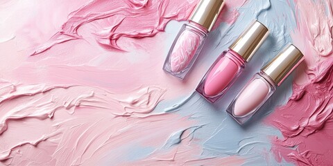 Trendy pastel background with pink and blue swirls showcasing three elegant nail polish bottles with metallic caps arranged diagonally.