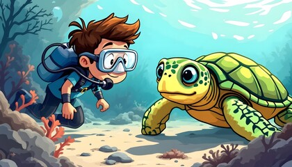 Undersea Encounter: Boy Diver and Friendly Sea Turtle in Vibrant Cartoon Style