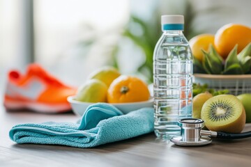 Healthy lifestyle elements including water fruit workout gear and a stethoscope