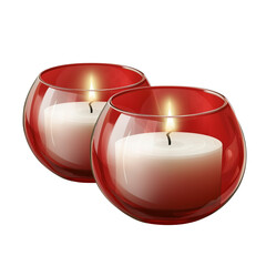 Two red glass candle holders, white candles inside the two glass lamps, transparent background png