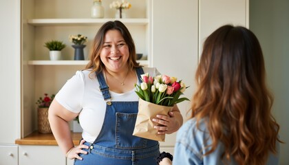 Smiling plus size woman celebrating women's achievements with flowers on International Women's Day in a cozy home setting with female friend and flowers bouquet