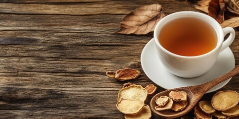 Dried bael fruit slices and a wooden spoon beside a white cup of herbal tea on aged dark wood surface with autumn leaves and selective focus.