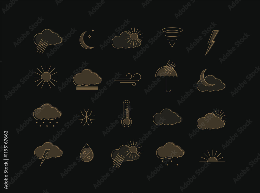 Wall mural weather app icons for web drawing in linear style on black background