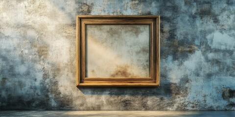 Empty wooden frame in warm brown color centered on textured concrete wall with soft light illuminating the background creating a vintage ambiance