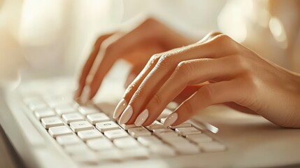 Woman,s hands typing on a white keyboard with long light colored manicured nails concept,
