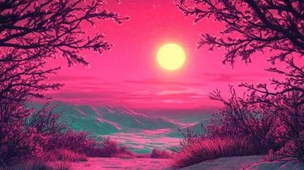 Fototapeten Pink Dreamscape a serene landscape with vivid pink sky and a bright sun © Rizzz