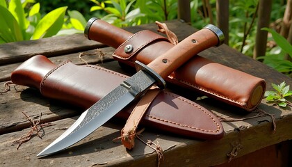 Collection of Handcrafted Hunting Knives with Leather Sheaths
