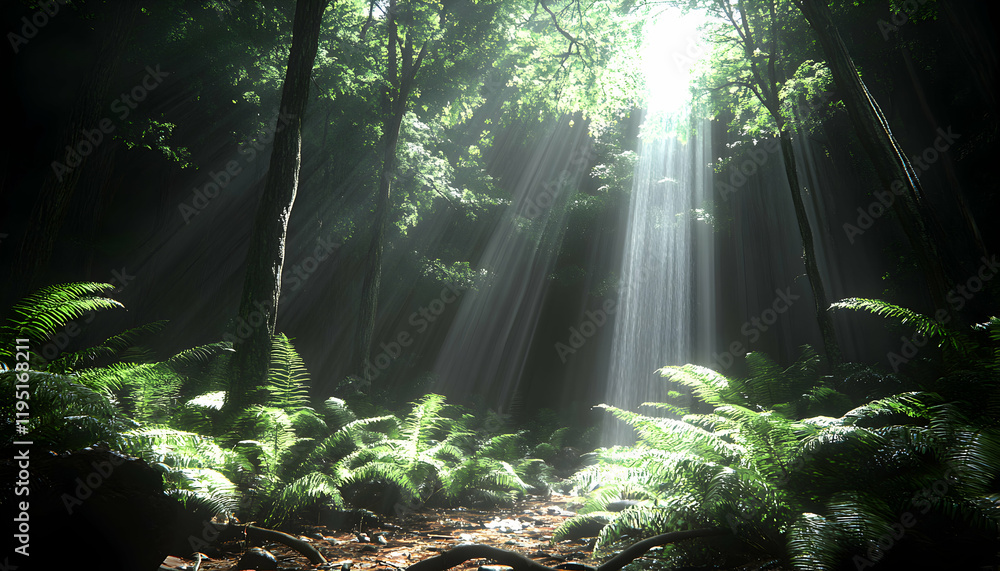 Poster sunbeams illuminate a mystical forest path, dappled light filtering through lush ferns and ancient t