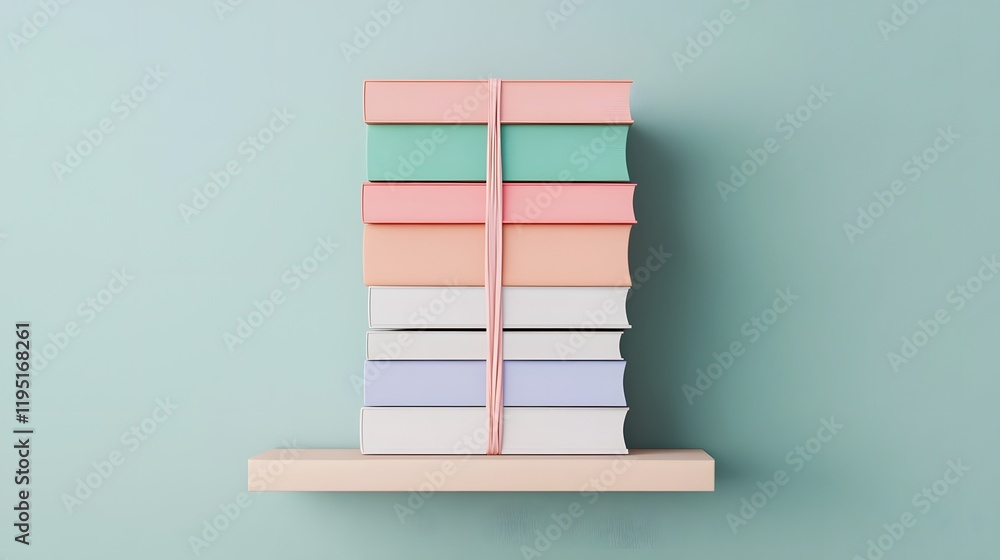 Poster neatly stacked documents artfully displayed on pastel cream shelf in 3d