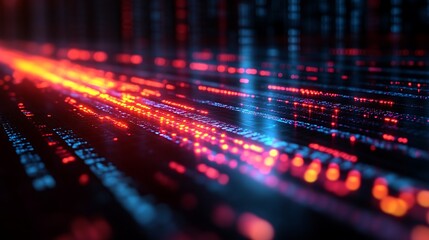 Abstract digital data stream, glowing red and blue binary code.