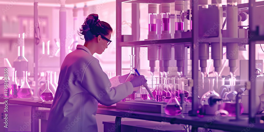 Poster scientist using pipette in laboratory with purple liquids