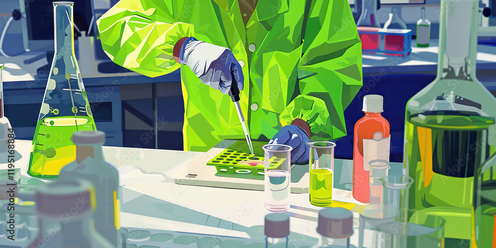 Poster scientist pipetting liquid into multi-well plate in laboratory setting