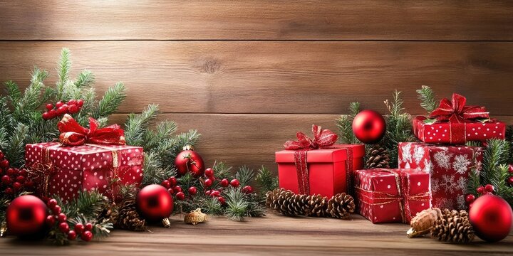 Festive Christmas backdrop with red gift boxes and ornaments on a wooden surface surrounded by pine branches and pine cones in warm colors