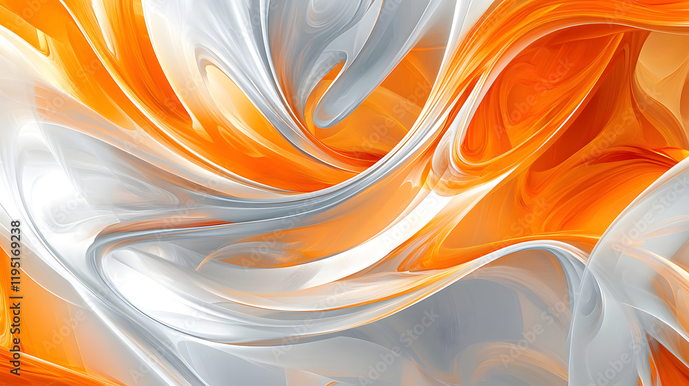 Poster a flowing abstract design featuring swirling patterns of orange, white, and soft gray, creating a ha