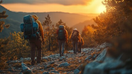 A group of tourists goes through the mountains with backpacks and tents. Camping in tents in the mountains. Travel concept. Mountains. Tourism. Camping. Hiking. Walking tour. Overcoming difficulties