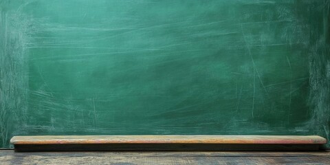 Green chalkboard with a textured surface, empty space for text in the center, wooden ledge at the bottom, dark green color with subtle scratches.