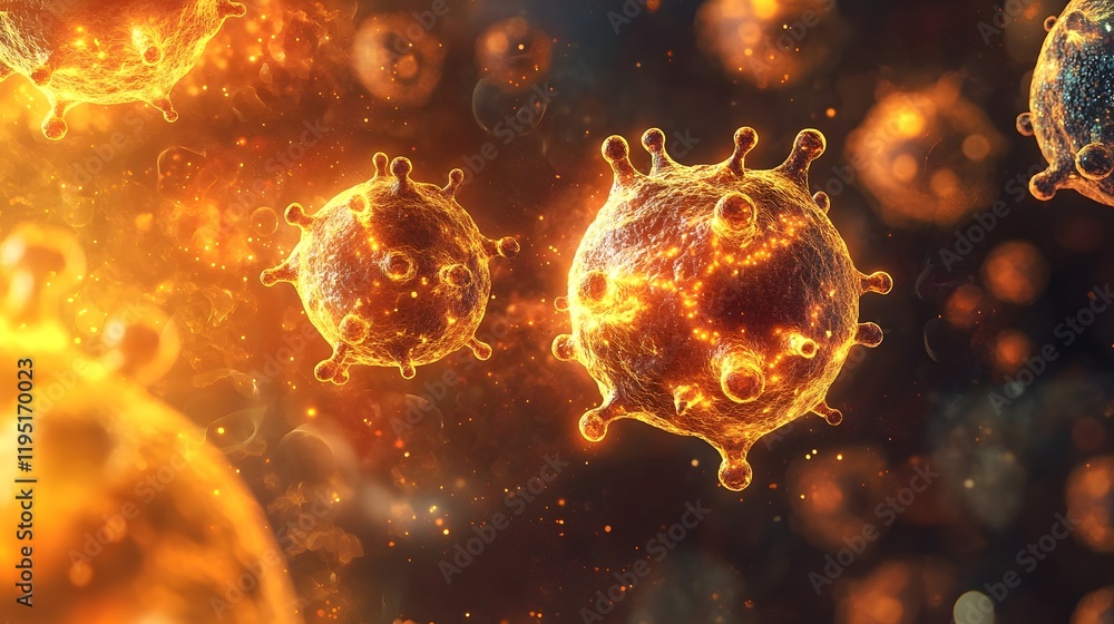 Poster glowing molecular particles representing the dynamic and intricate processes of the immune system de