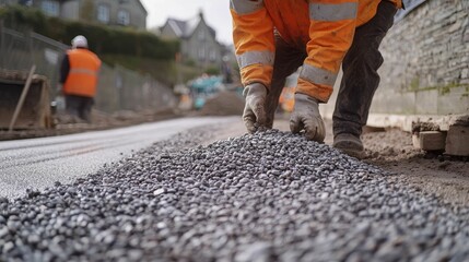 Worker placing grey stones on road surface.