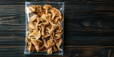 Fototapeta premium Dried wild mushrooms in a clear plastic pack placed on a dark wooden table seen from above with ample negative space for text on the right