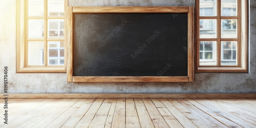 Canvas Prints Empty wooden blackboard framed in light wood positioned centrally in a bright room with large windows casting warm sunlight on wooden floor.