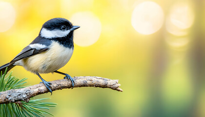 Obraz premium A charming Coal Tit perched on a pine branch, basking in the soft, golden sunlight of a tranquil forest. The image showcases the bird's delicate beauty against a blurred, bokeh background.