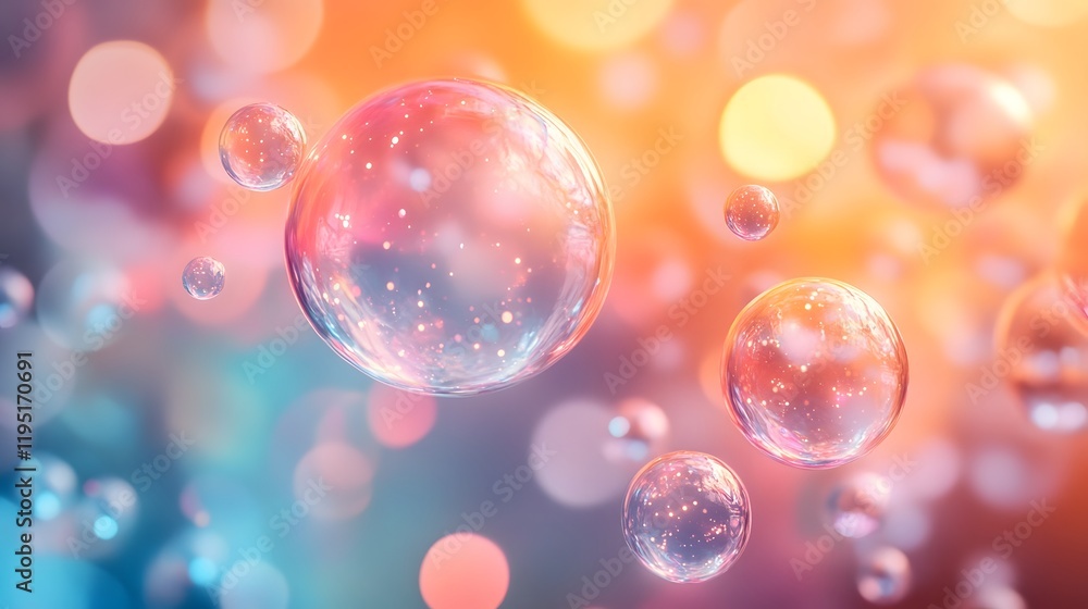 Poster ethereal abstract bubbles floating in soft colorful tones with smooth shimmering highlights and a ae