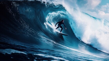 Surfing. Surfer. Male surfer rides a wave. Male surfer rides an ocean wave on a longboard. Ocean, sea, Wave. Active sport. Active recreation.	
