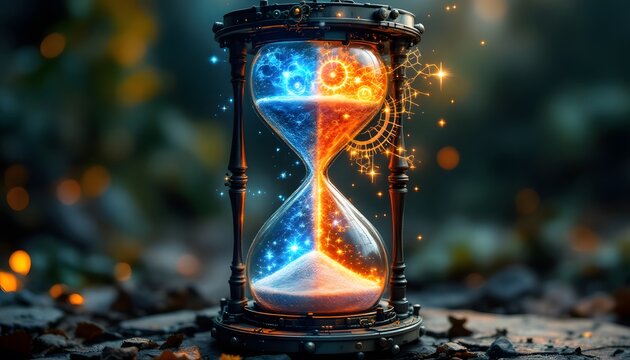 Mystical Hourglass: Glowing Sand, Steampunk Design, Fantasy Art