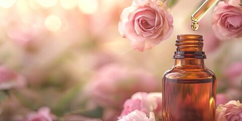 Essential oil dropper releasing rose oil into amber bottle with soft pink roses blurred in background creating serene floral ambiance