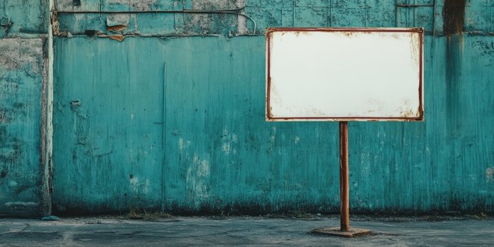 Rusty blank sign on metal pole stands against a weathered teal wall with peeling paint and concrete surface, ideal for custom advertising messages