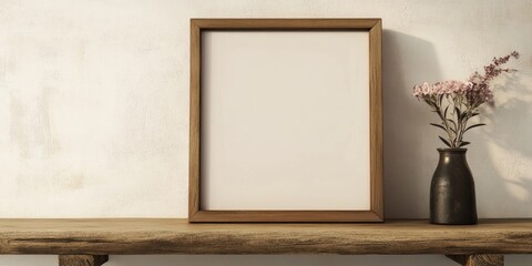 Empty wooden picture frame on a rustic shelf beside a dark vase with pink flowers against a textured white wall in a warm neutral color scheme.