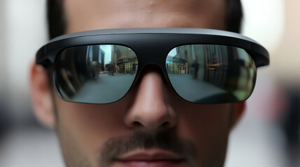 Augmented reality glasses worn by man in modern urban setting
