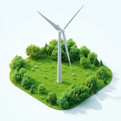 An isometric view of a wind turbine in a vegetated area, illustrating renewable energy and the integration of technology within a natural environment.