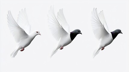 Obraz premium Three doves in flight, two white, one with dark markings.