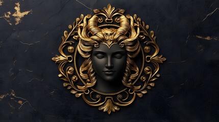 Intricate Golden Medusa Head Emblem on Dark Ornate Background