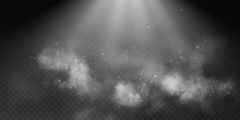 An image of soft beams of light illuminating mist and glitter-like sparkles, creating a magical and ethereal atmosphere on a dark, transparent background.
