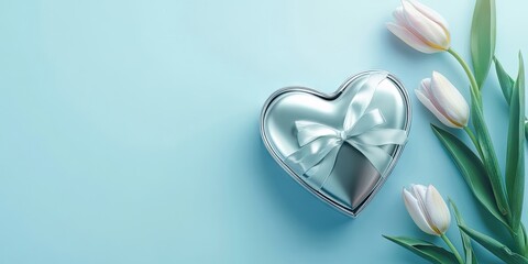 Elegant silver heart-shaped gift box with a ribbon positioned on the left, accompanied by white tulips on a soft pastel blue background.