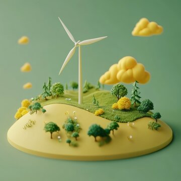 An isometric view of a wind turbine in a vegetated area, illustrating renewable energy and the integration of technology within a natural environment.