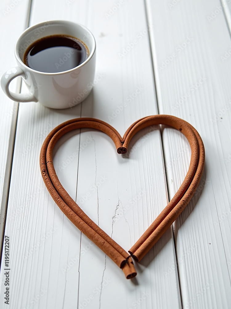 Aufkleber cinnamon heart shape sits on a white wooden table with space for text near a cup of coffee in romant