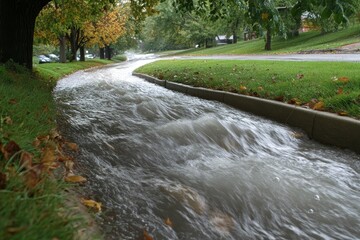 Rapid stormwater flows through curbside channel.